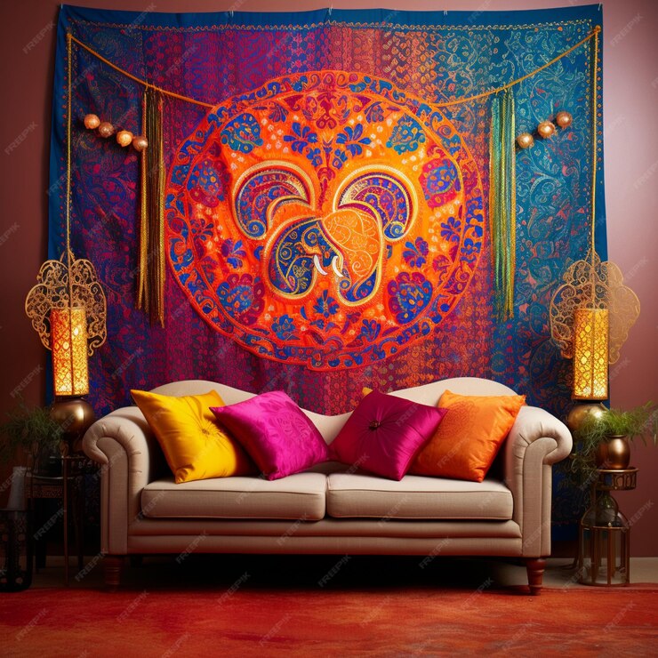A colorful living room decorated with Indian textiles - a handloom rug, embroidered cushion covers, and a silk throw.