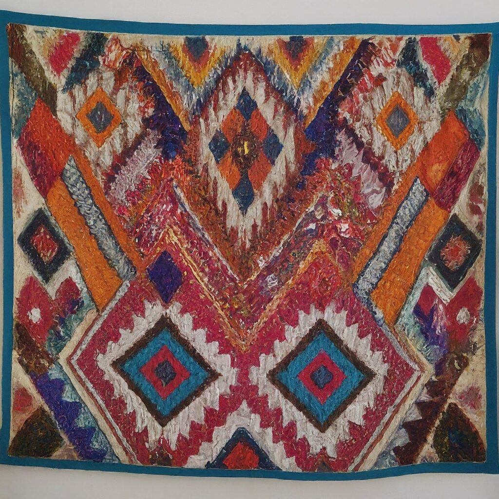 A close-up view of a colorful Indian embroidered tapestry.