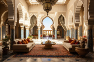 Indian palace-inspired living room with vibrant colors, intricate furniture, and luxurious textiles.