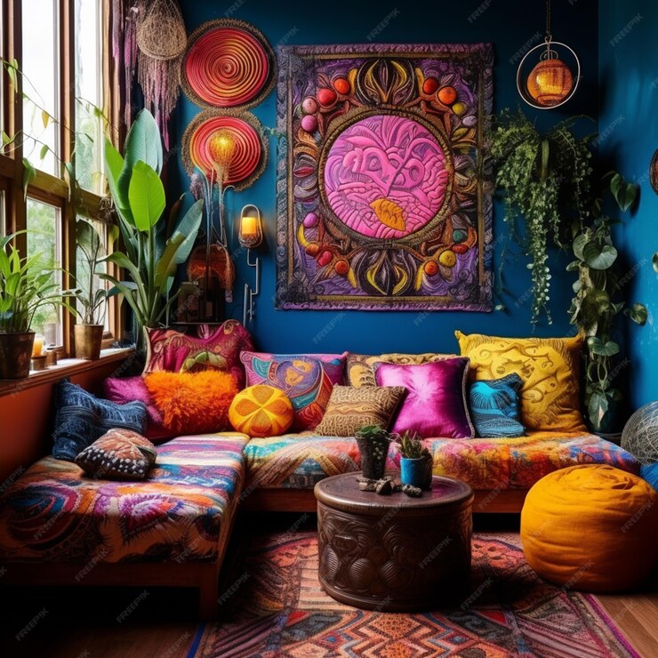 A brightly colored living room featuring a handwoven rug, intricately carved wooden furniture, and colorful metal wall art.