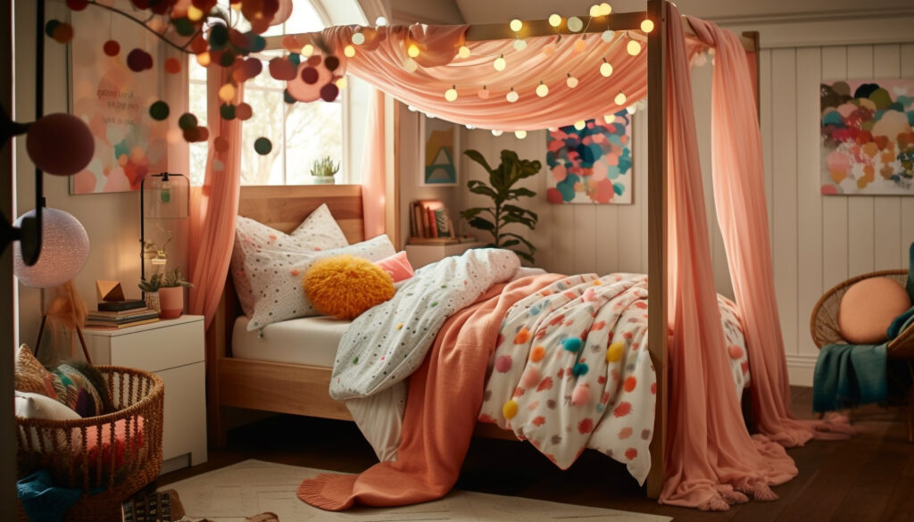 Teenager's bedroom decorated with trendy fairy lights, patterned throw pillows, and a woven wall hanging.