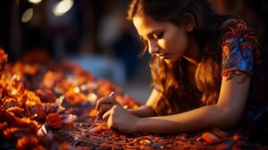 Smiling teenager surrounded by colorful Indian handicrafts like paintings, rugs, and pottery.