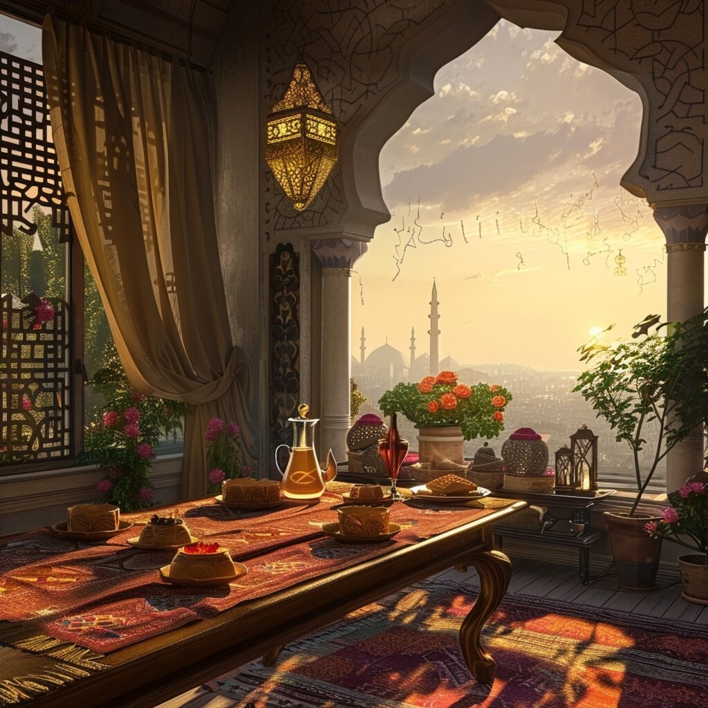 A split image. One side shows a luxurious Mughal throne room with ornate furniture and the other side shows a modern living room with minimalist furniture.