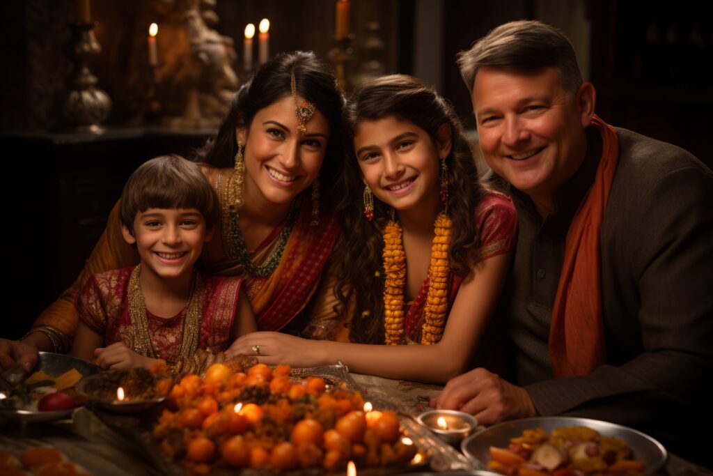 A Family celebrating diwali in traditional way.