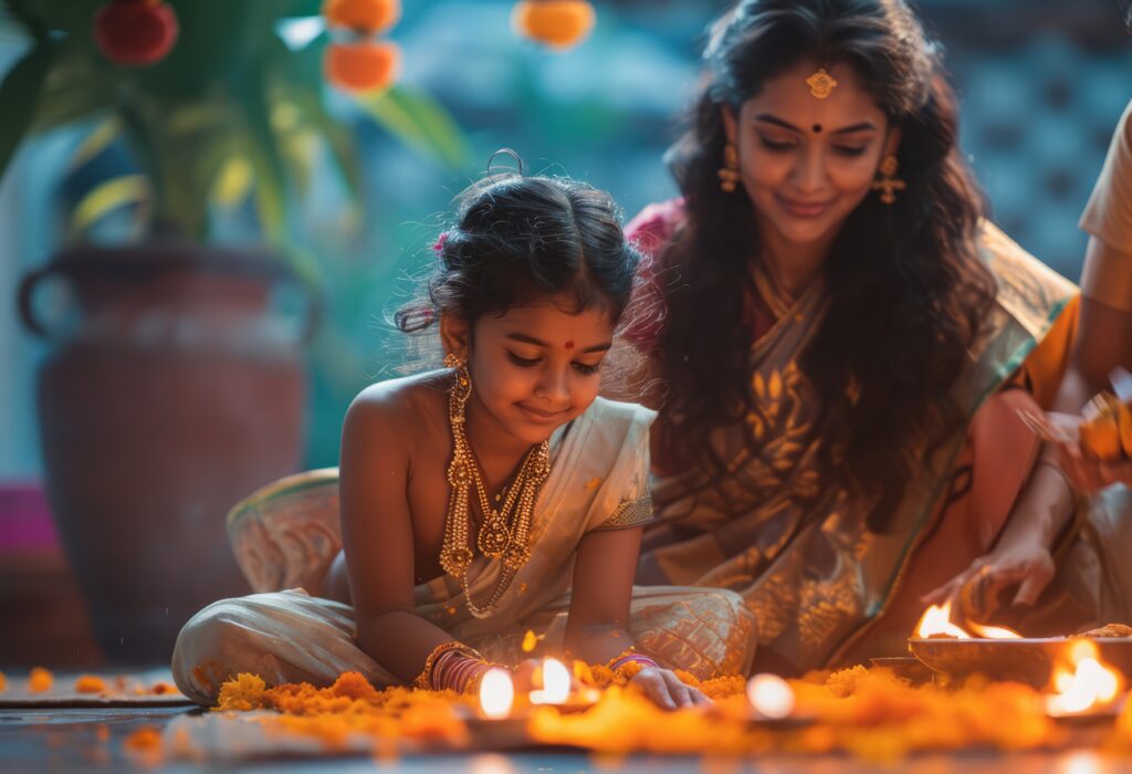 a mother and daughter celebrating diwali in traditional way