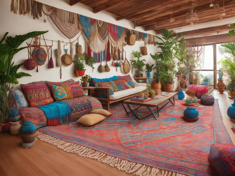 A beautifully decorated living room featuring a colorful Indian rug, hand-carved wooden coffee table, and embroidered throw pillows.