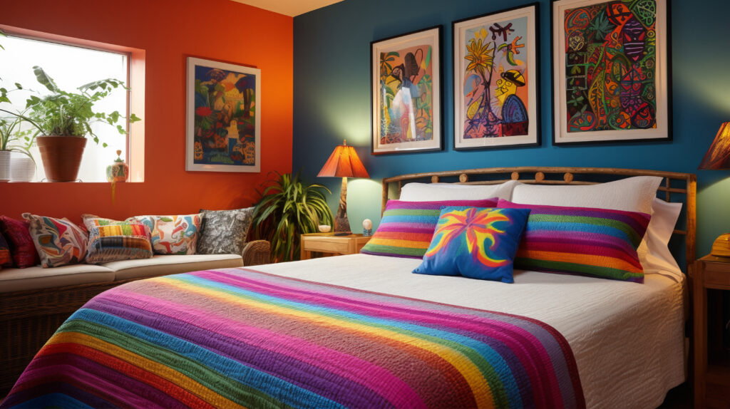 Teenager's bedroom decorated with colorful DIY projects inspired by Indian art and culture.