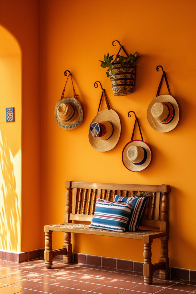 Traditional Indian living room with colorful cushions, handcrafted decor items, and wooden furniture.