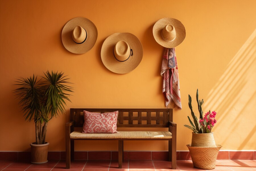 A brightly colored living room decorated with handcrafted textiles, pottery, and artwork.