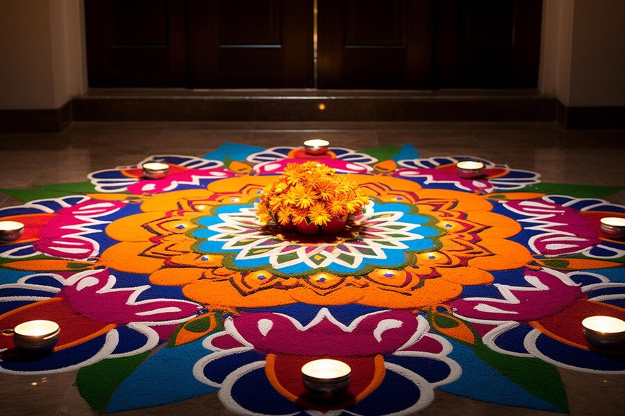 A colorful handwoven rug with intricate patterns adorns a modern living room floor.