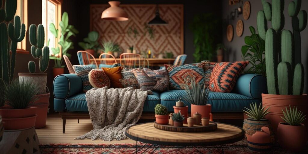 A photorealistic image showcasing a vibrant Indian living room decorated with handcrafted textiles, pottery, and artwork.