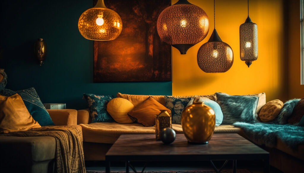 Colorful Indian living room with handcrafted furniture, textiles, and artwork.