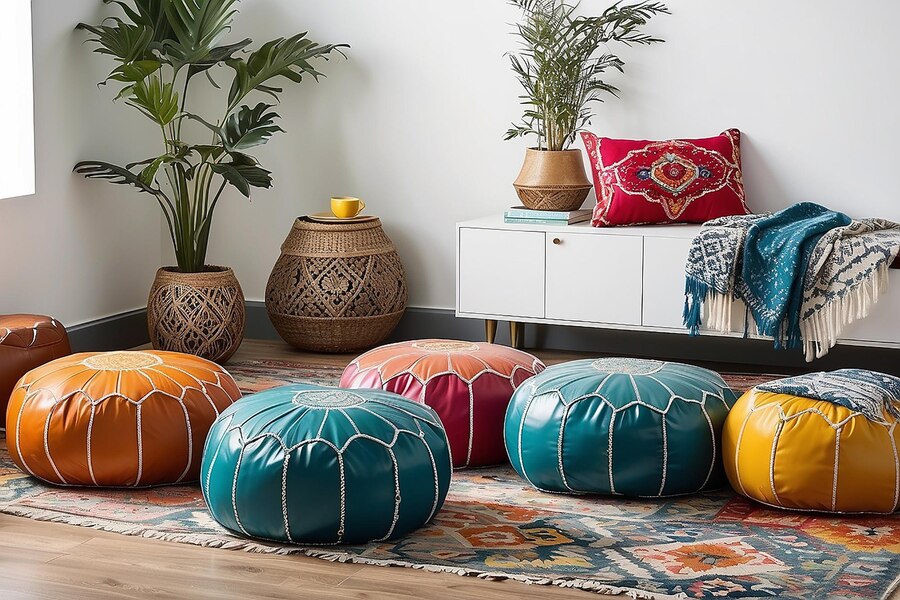 A colorful handwoven rug with geometric patterns sits on a wooden floor next to a potted plant.