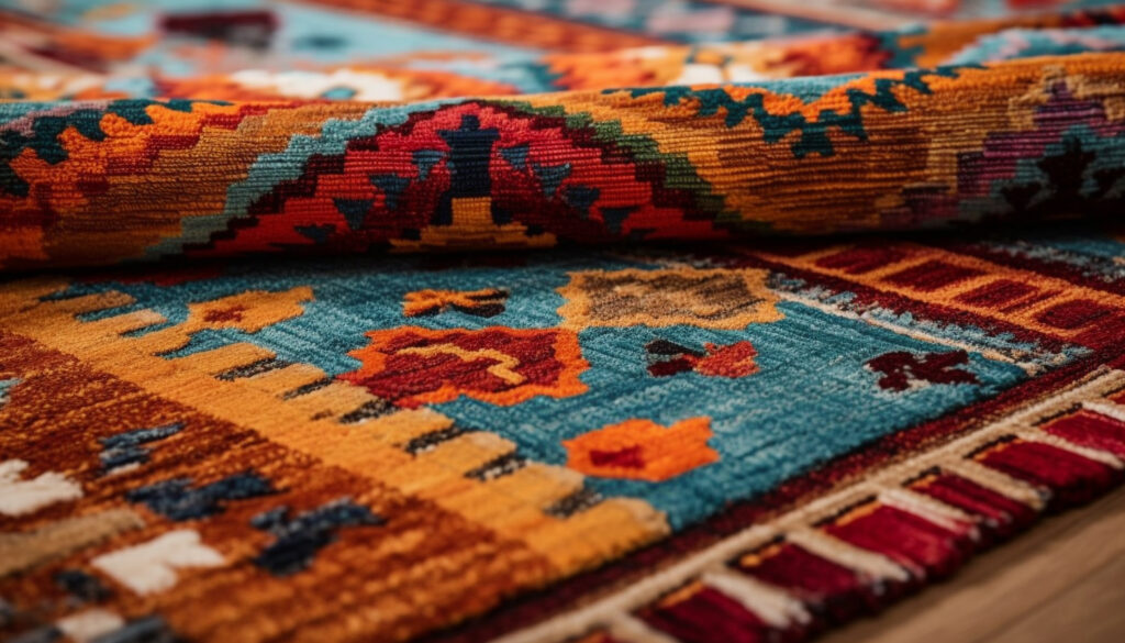 Close-up of colorful handwoven rug with geometric patterns. 