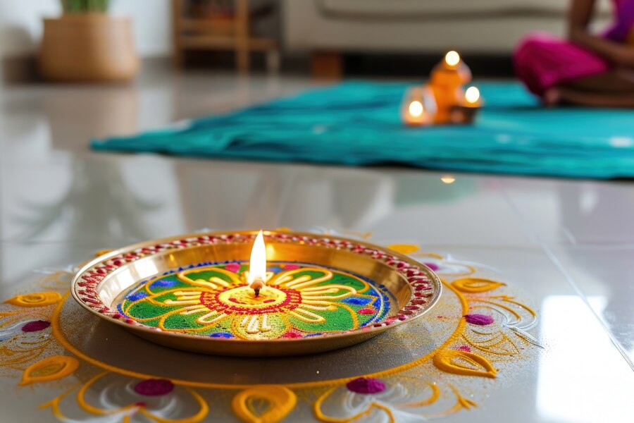 Teenager's bedroom decorated with Indian handicraft items like a colorful Warli painting, a handloom rug, and a brass diya holder.