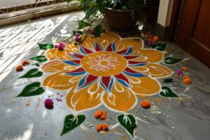A vibrant Madhubani painting on a wall showcasing a traditional Indian village scene.