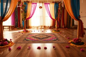 A brightly lit living room decorated with colorful marigold garlands, diyas, and rangoli patterns on the floor.