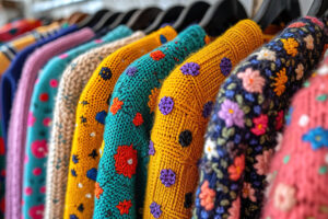 Realistic scene with clothes at a neighborhood yard sale Realistic scene with clothes at a neighborhood yard sale