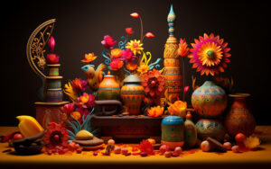 A bright and colorful living room decorated with Tanutra handicrafts. The image showcases a handwoven rug, a decorative metal bowl filled with colorful throw pillows, and a hand-painted wall hanging.