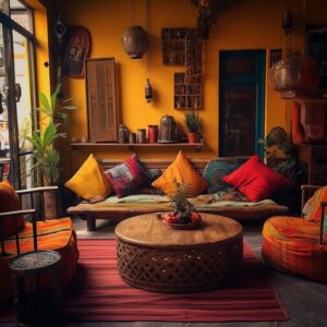 A cozy room decorated with colorful Indian handicrafts from Tanutra, including a woven rug, a metal lamp, and a hand-painted wall hanging.