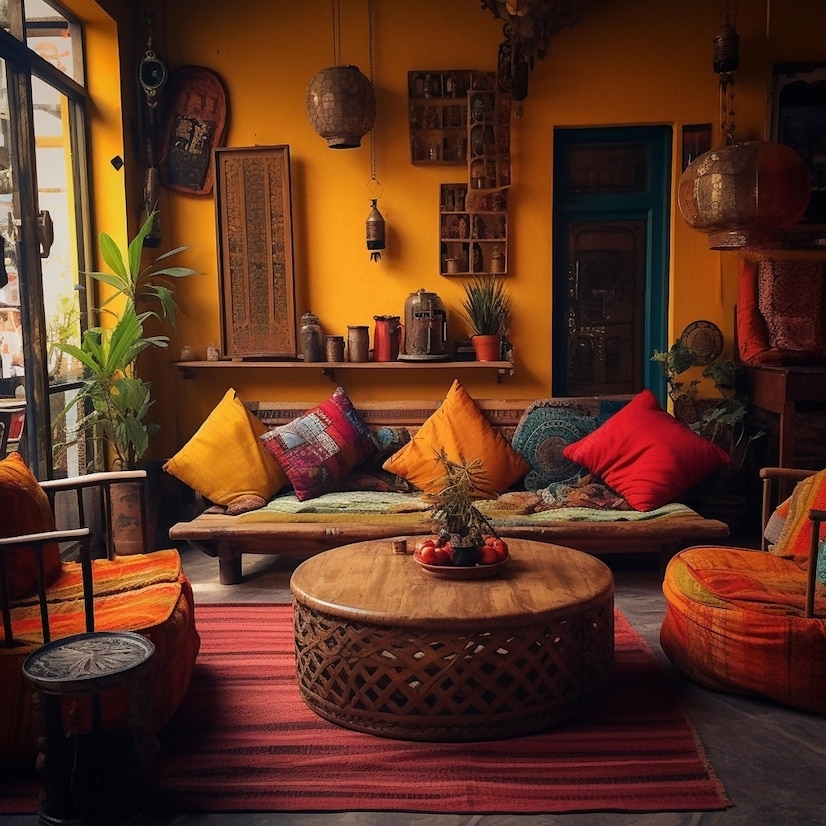 A cozy room decorated with colorful Indian handicrafts from Tanutra, including a woven rug, a metal lamp, and a hand-painted wall hanging.