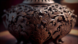 A close-up of a carved copper vase with a design of flowers and leaves. The vase is on a dark-colored table with a slightly rough surface.