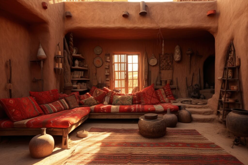 A cozy bohemian bedroom with a colorful Indian dhurrie rug in the center.