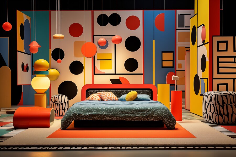 Teenager's bedroom decorated with colorful handicraft items like a woven rug, a hand-painted lamp, and a macrame wall hanging.