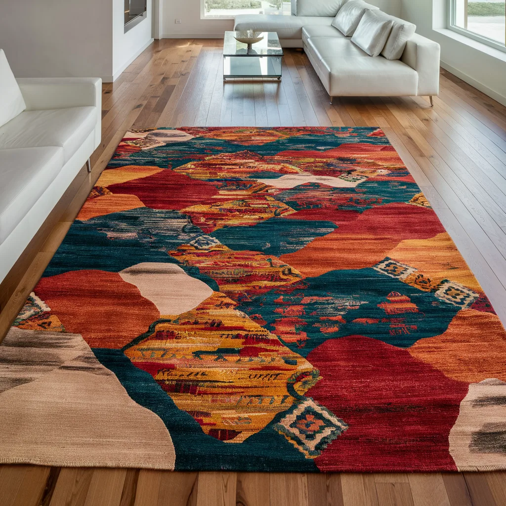 A vibrant handwoven rug with intricate designs sits on a wooden floor, adding a pop of color to a modern living room.