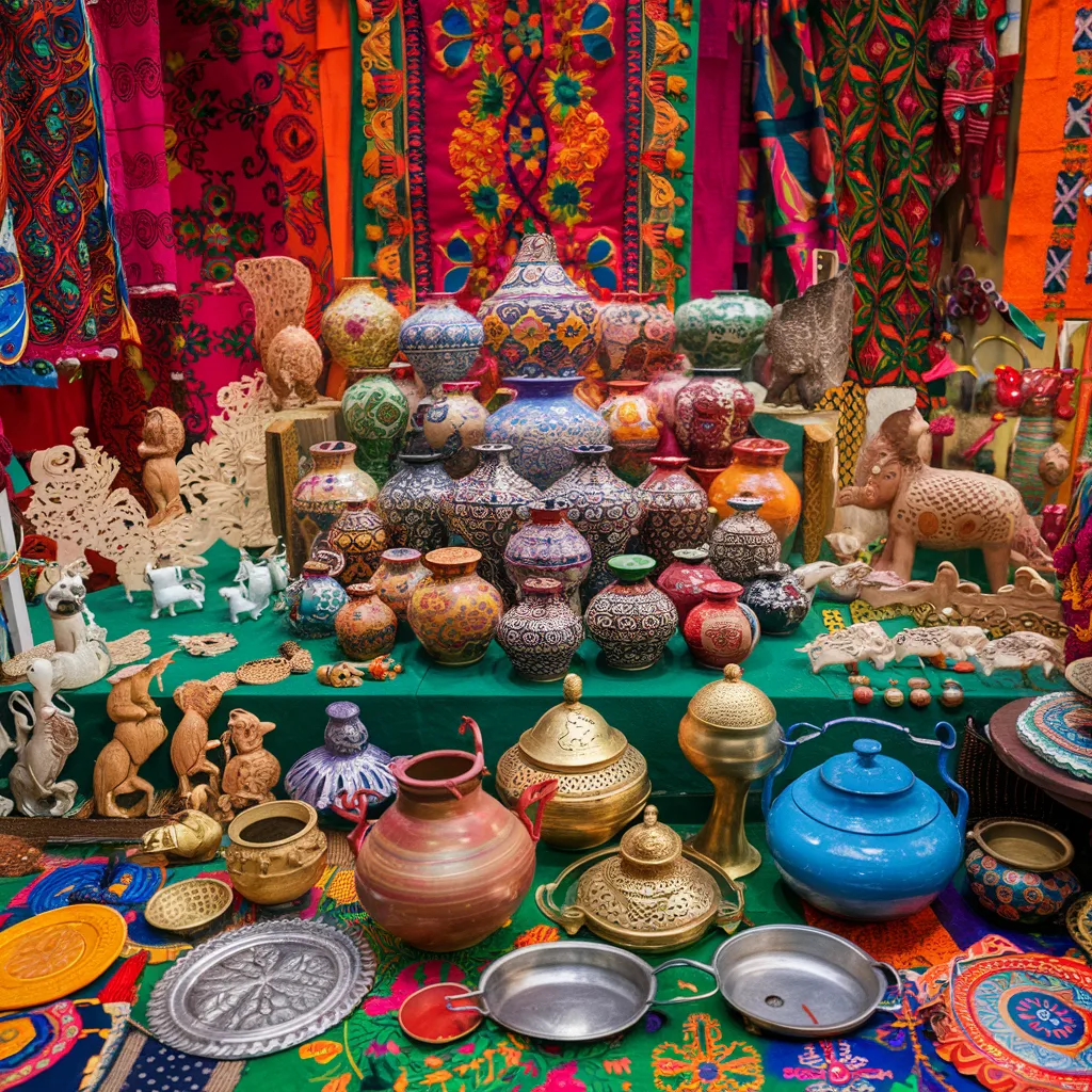 A dazzling collection of Indian handicrafts - pottery, textiles, carvings, and metalware