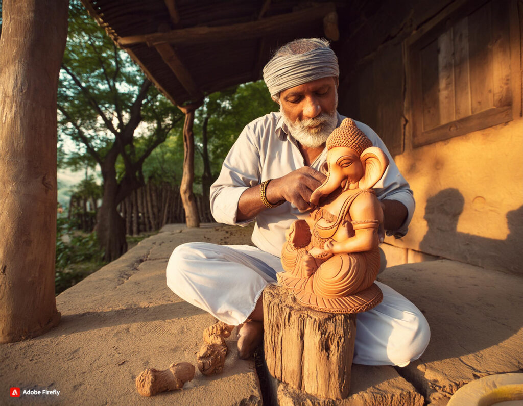 an old artisan carving an idol of lord ganesha from a wooden log