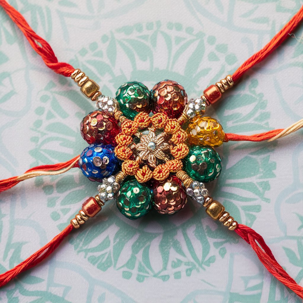 Handcrafted silk thread Rakhi with beads and sequins for Raksha Bandhan
