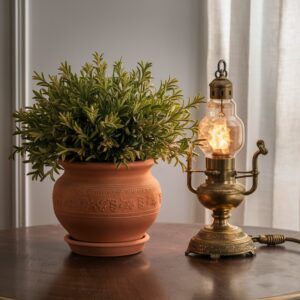 Indian home decor, traditional rugs, handcrafted wooden furniture, colorful cushions, decorative wall hangings, terracotta items, brass items.