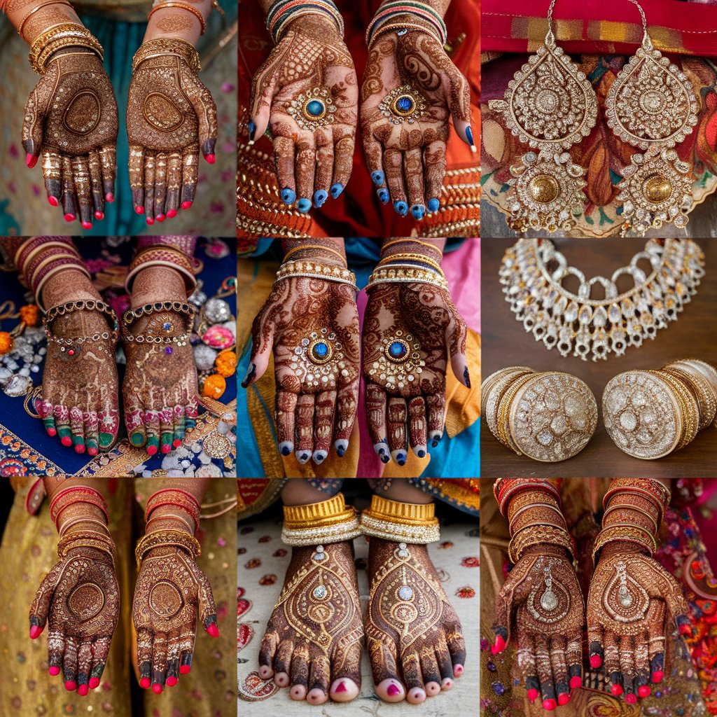 Indian Handicrafts for Festivals Intricately designed mehndi patterns and handcrafted jewelry for Indian weddings"