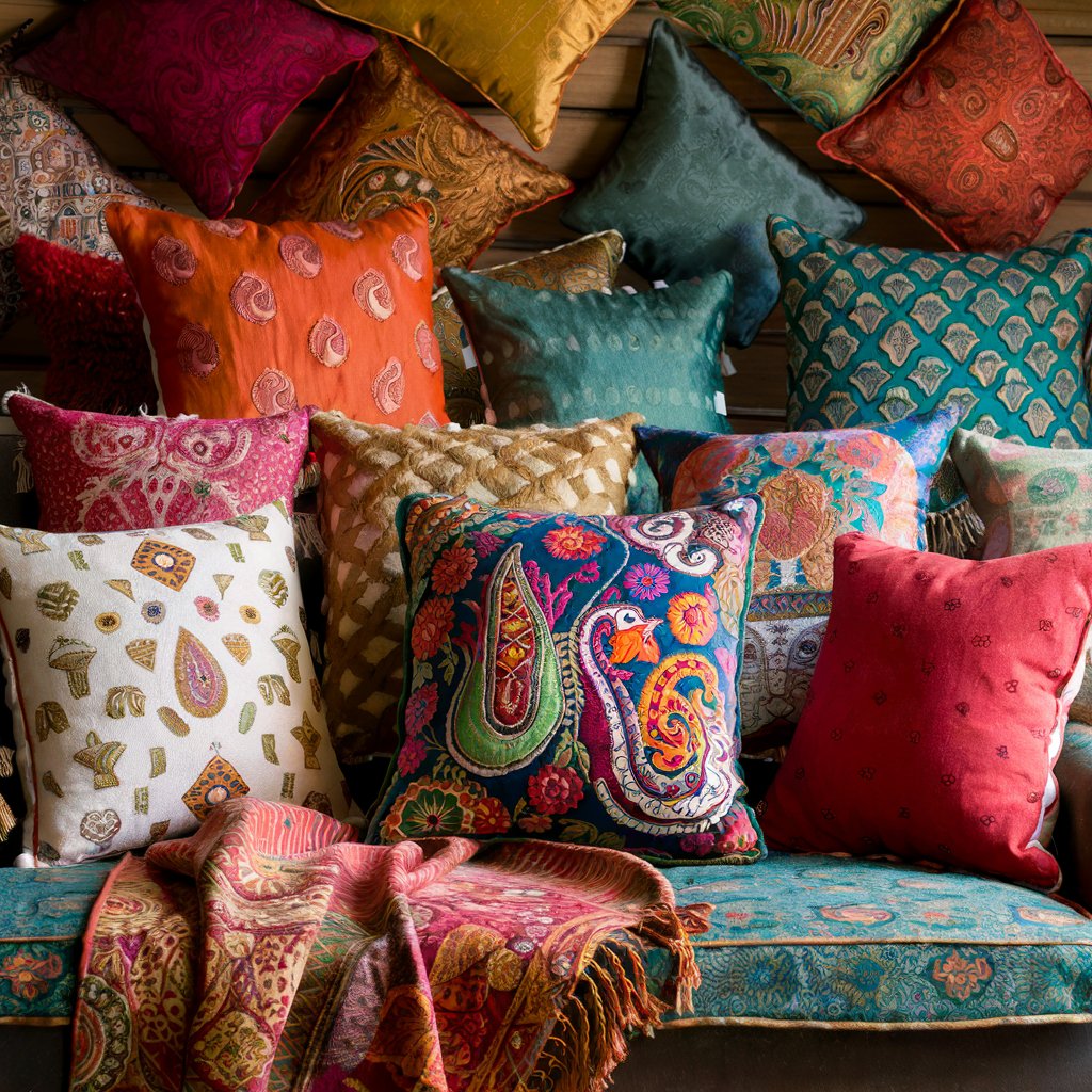 Colorful handmade cushions from Tanutra’s Indian home decor collection.