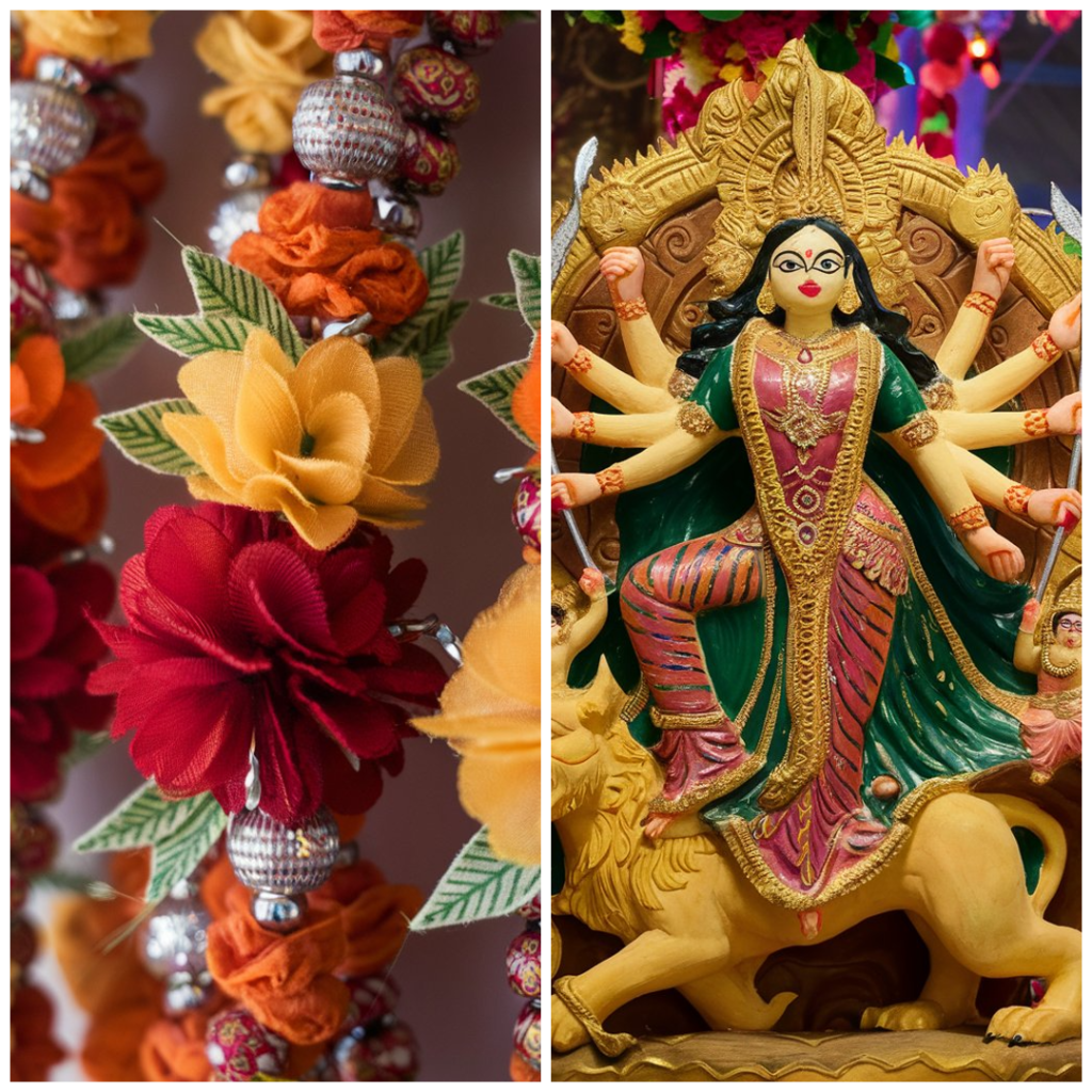 Intricately painted clay idol of Goddess Durga for Durga Puja
Beautifully crafted garlands made from fabric and beads for Navratri"
