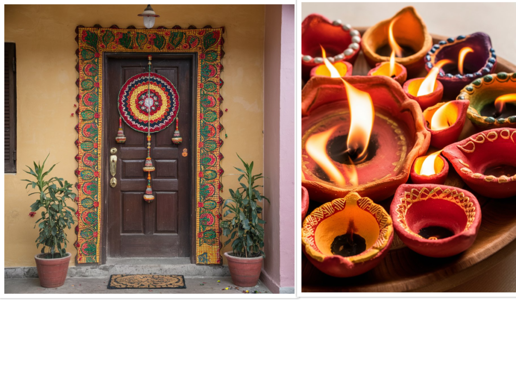 Indian Handicrafts for Festivals Colorful beaded torans adorning a doorway for Diwali
Beautifully crafted clay Diya's for Diwali celebrations"