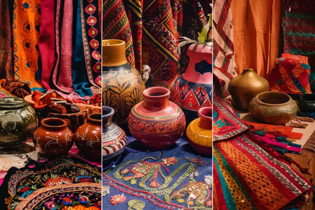 Traditional Indian handicrafts showcasing vibrant textiles, pottery, and intricate embroidery