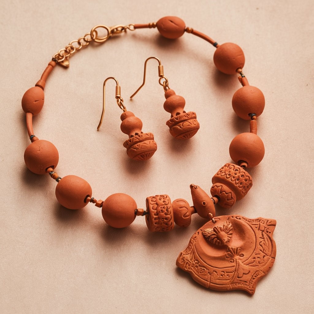 best art and crafts Terracotta jewelry set with earrings and necklace.