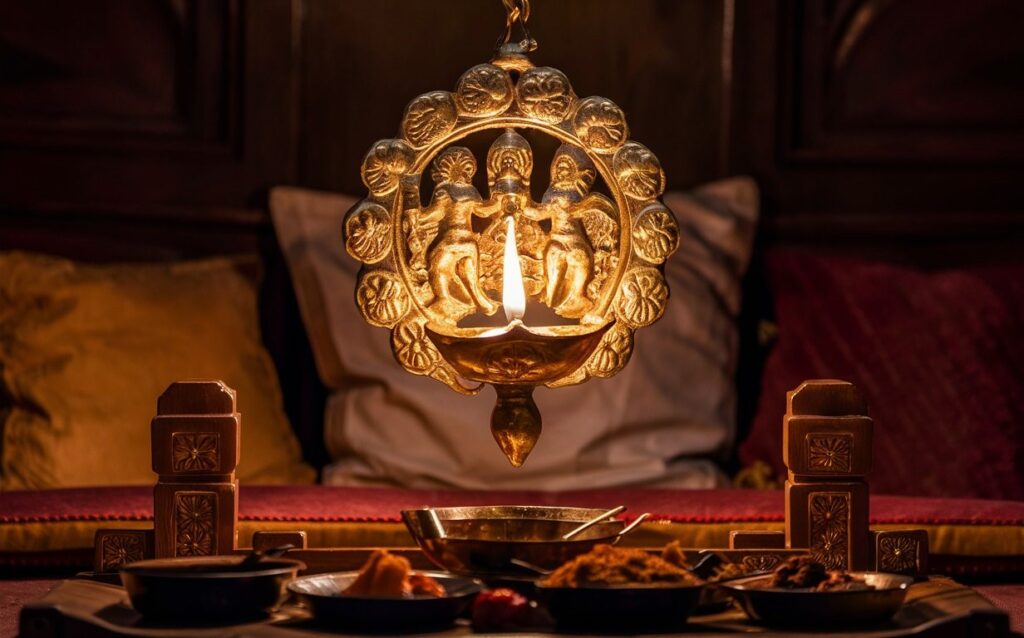 A room illuminated by a hanging brass diya with intricate carvings.
