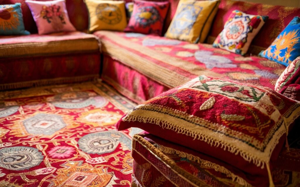 A vibrant living room and a Home Decor with a handwoven red and gold rug and colourful throw pillows.