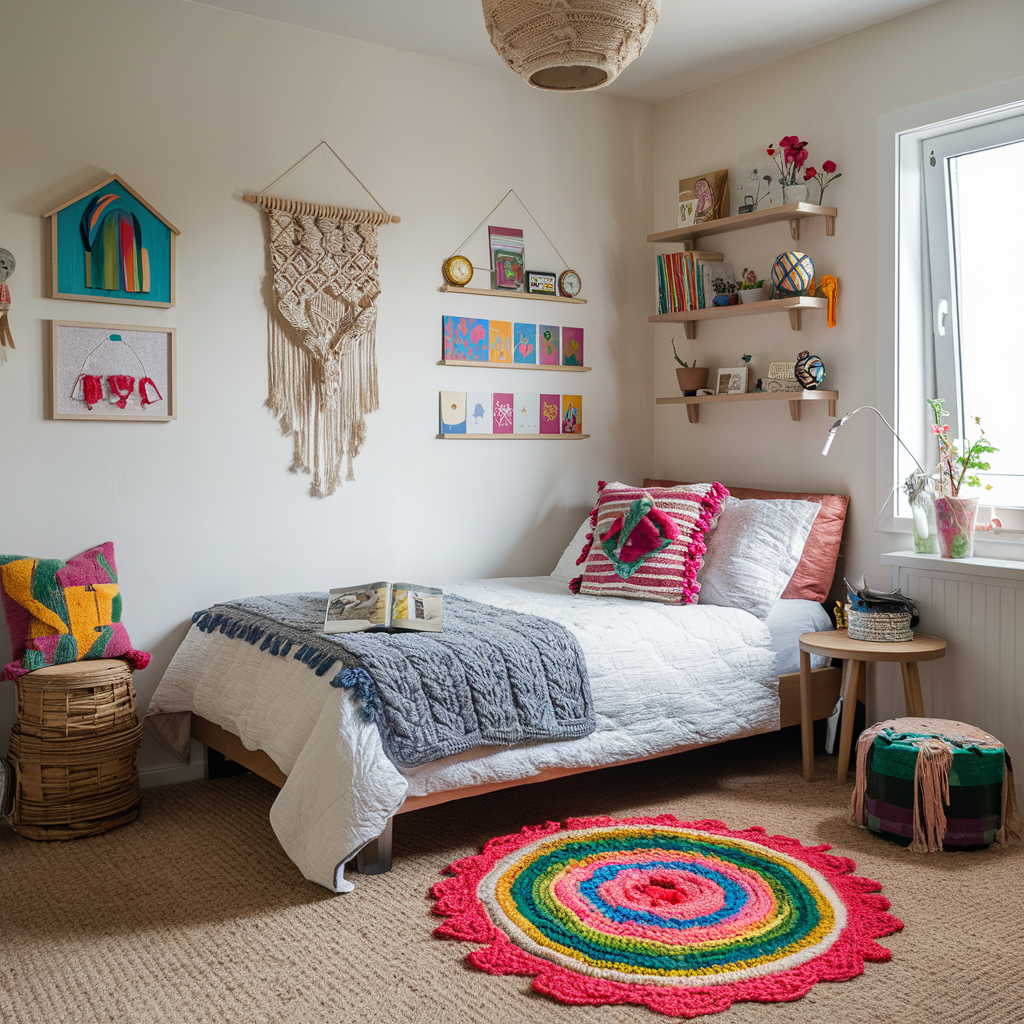 Teenager's bedroom decorated with colorful handmade crafts like a knitted rug, a painted throw pillow, and a macrame wall hanging.