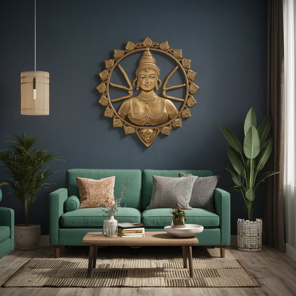 A cozy living room decorated with colorful Indian textiles, wooden furniture with intricate carvings, and brass lamps.
