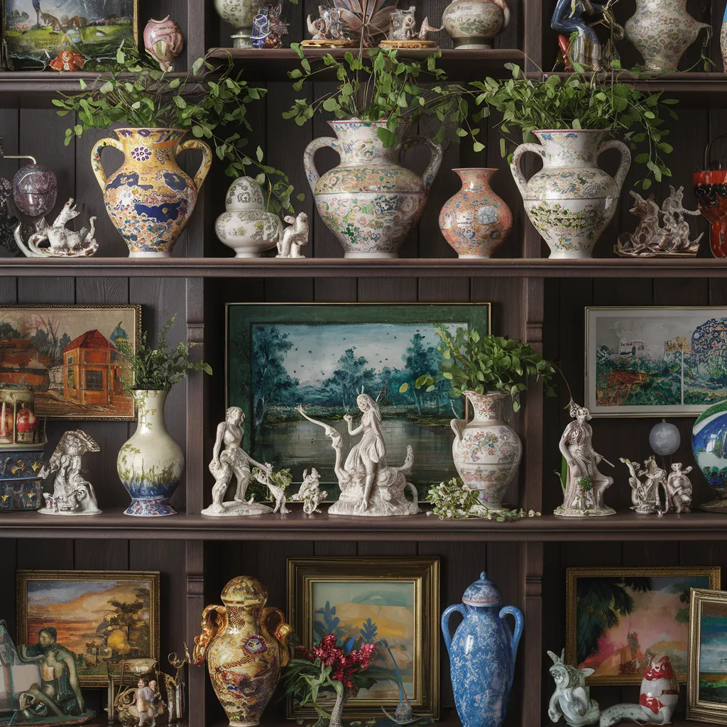 A shelf decorated with colorful handcrafted vases, figurines, and paintings.