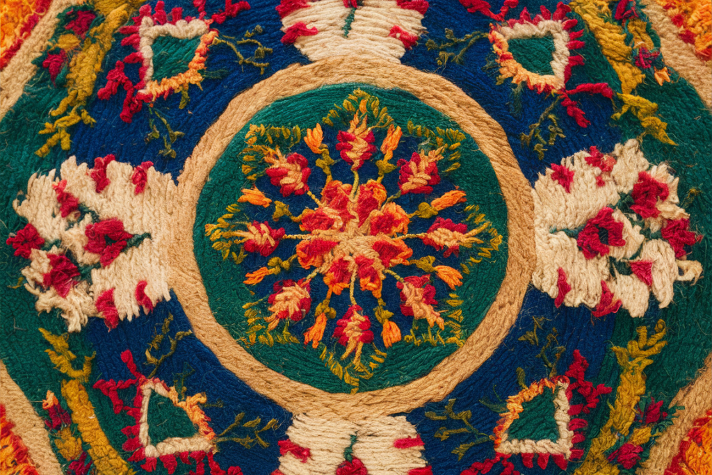 Colorful jute rug with intricate patterns.