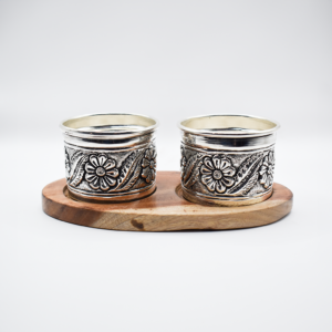 Classic Duo Silver Cup Set with Wood Tray - Cups and Tray: A beautifully crafted set featuring two silver cups with intricate designs paired with an elegant wooden tray.