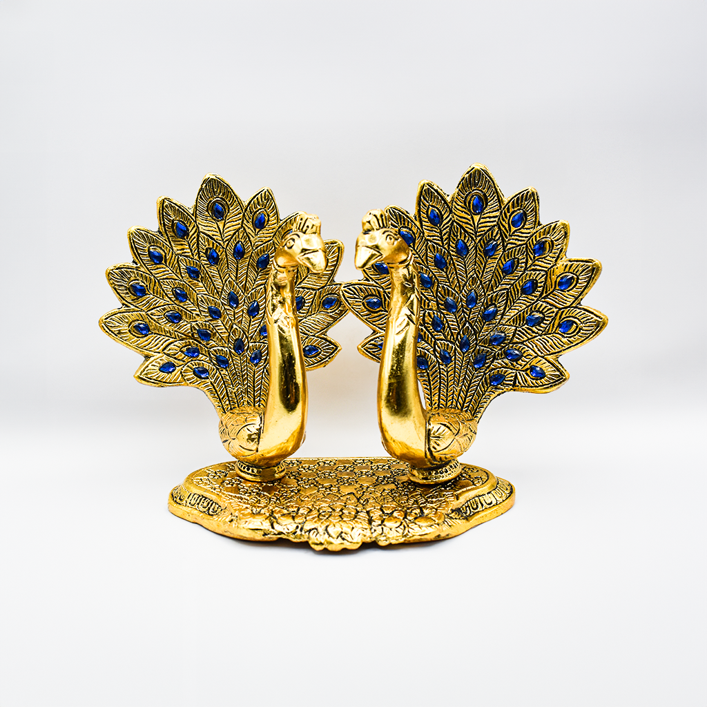 Golden Aluminum Double Peacock Statue Images-1