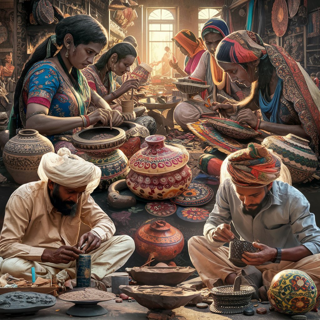 Indian artisans working on traditional handicrafts, showcasing the intricate process of creating unique cultural products.