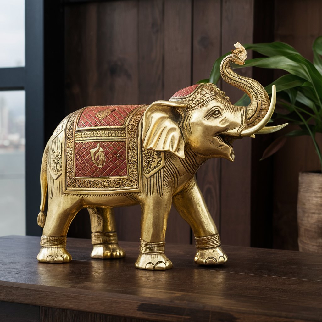 Golden Heritage Elephant statue - intricately detailed, gold-finished decorative piece symbolizing Indian craftsmanship, strength, wisdom, and good fortune.