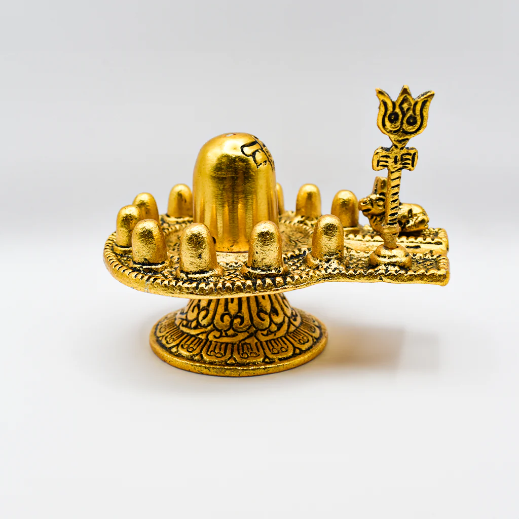 Golden Shiva Lingam emitting radiant energy (depicts a golden Shiva Lingam surrounded by glowing light particles)